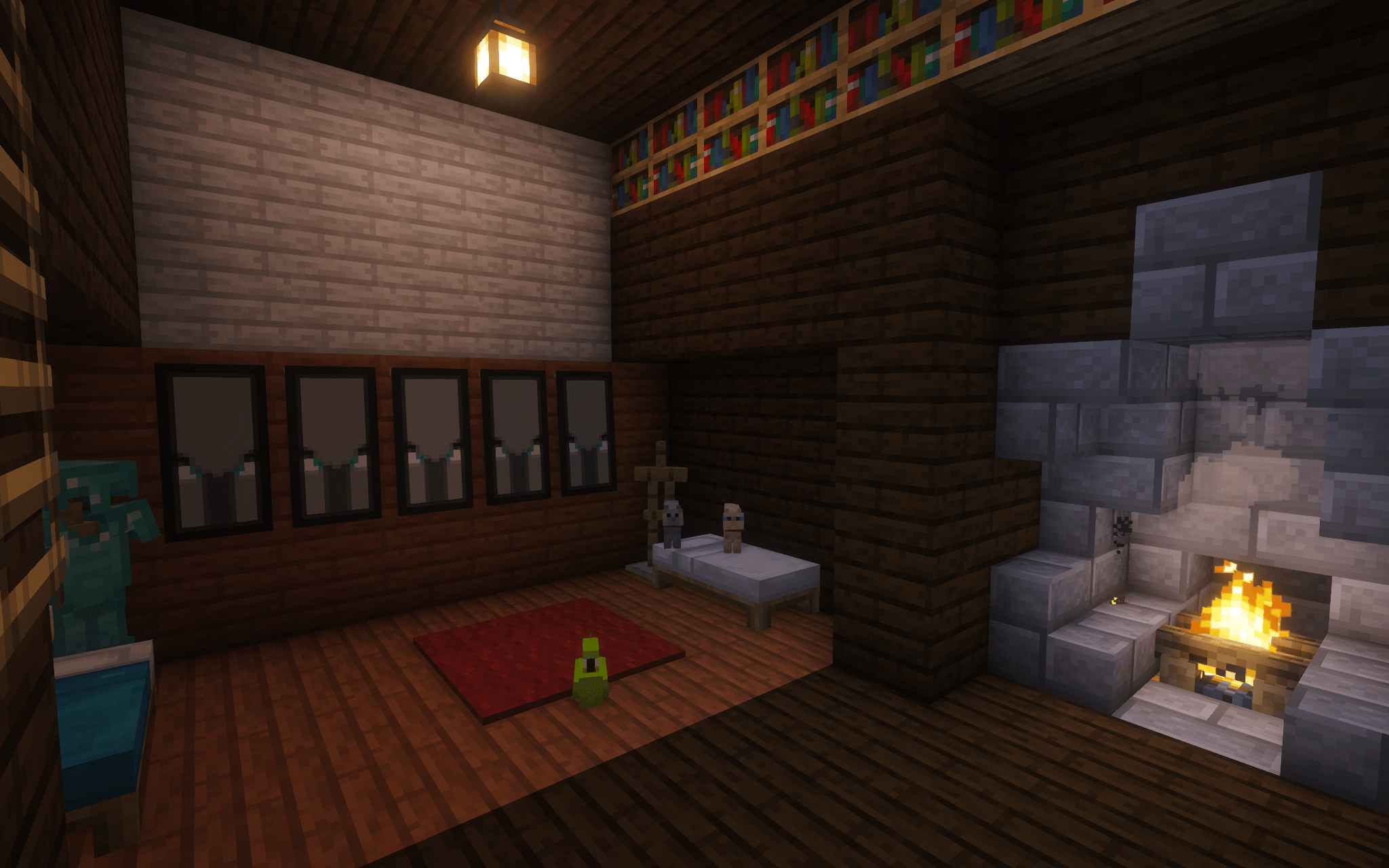 Sleeping quarters, cats and parrot