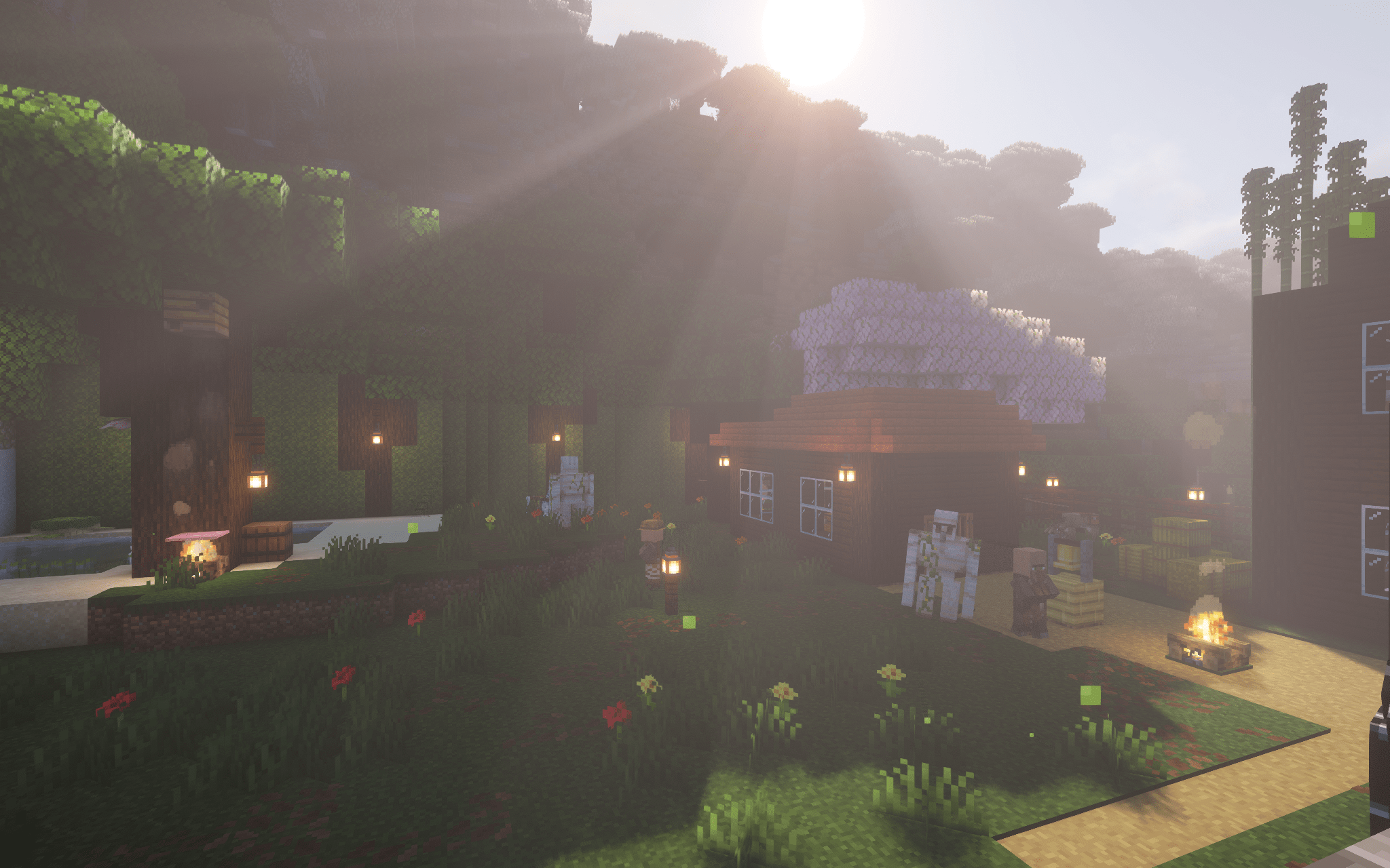 Village at daylight, sun shining, villagers idling around